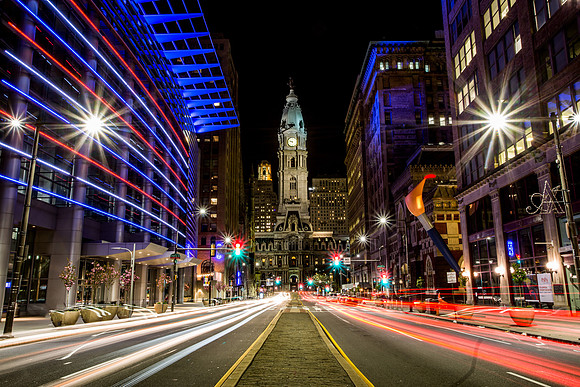 Downtown Philadelphia, Pennsylvania at night.